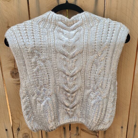 ZARA Metallic Cable Knit Vest Sweater Women L Cream & Silver Accent Cropped - Picture 2 of 8